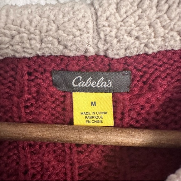 Cabelas Cardigan Sweater Womens Medium Red Sherpa Lined Hood Toggle Cable Knit - Picture 9 of 9